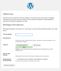 WordPress Installation Anmeldename und Passwort vergeben