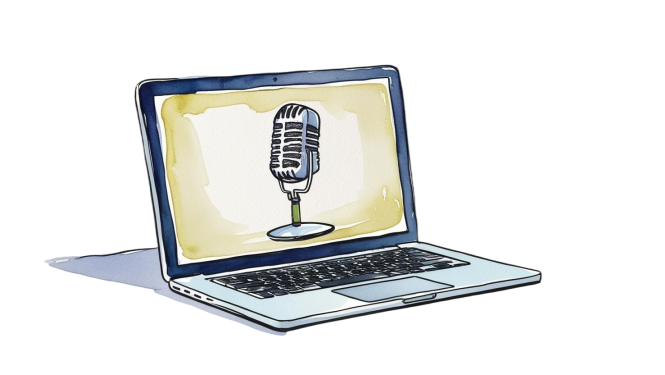 a-sketched-hand-drawn-artist-like-image.-colored-with-aquarell-colors.-laptop-with-one-microphone-on-sreen-1 a laptop with a microphone on the screen